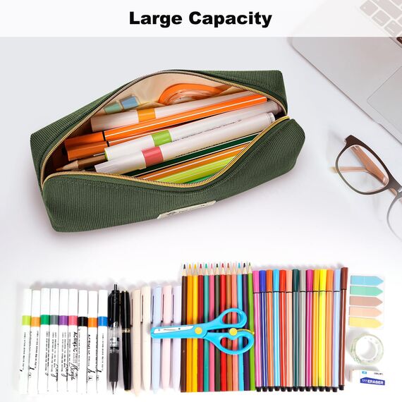 FINPAC Federmäppchen Mäppchen - Große Kapazität Federtasche Stiftetasche Schlamperbox Bleistiftbeutel Schulmäppchen für Schule Büro, Cord-Stoff Olive