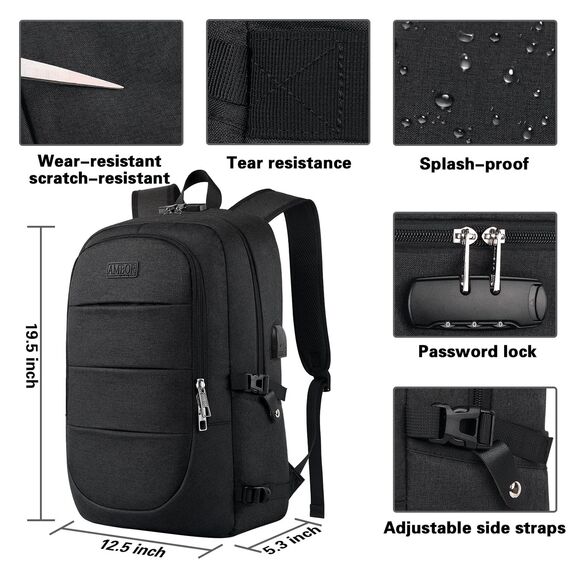 AMBOR Rucksack Herren, 17,3 Zoll Laptop Rucksack Schulrucksack mit USB-Ladeanschluss, Backpack Damen Anti-Diebstahl Rucksack Multifunktion Notebook Tasche Wasserdicht, Schwarz