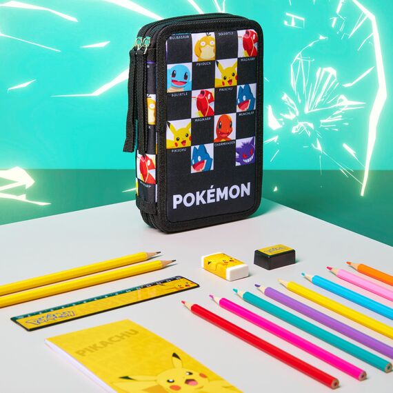 Pokemon Federmäppchen Jungen und Mädchen Mäppchen Gefüllt mit Schreibwaren Set Pikachu Geschenke für Kinder und Teenager (AOP Pokemon-Charaktere)