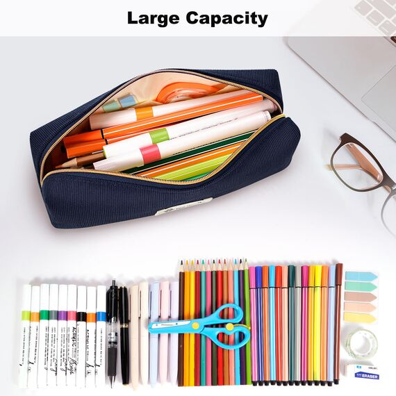 FINPAC Federmäppchen Mäppchen - Große Kapazität Federtasche Stiftetasche Schlamperbox Bleistiftbeutel Schulmäppchen für Schule Büro, Cord-Stoff Marineblau