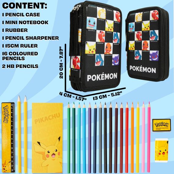 Pokemon Federmäppchen Jungen und Mädchen Mäppchen Gefüllt mit Schreibwaren Set Pikachu Geschenke für Kinder und Teenager (AOP Pokemon-Charaktere)