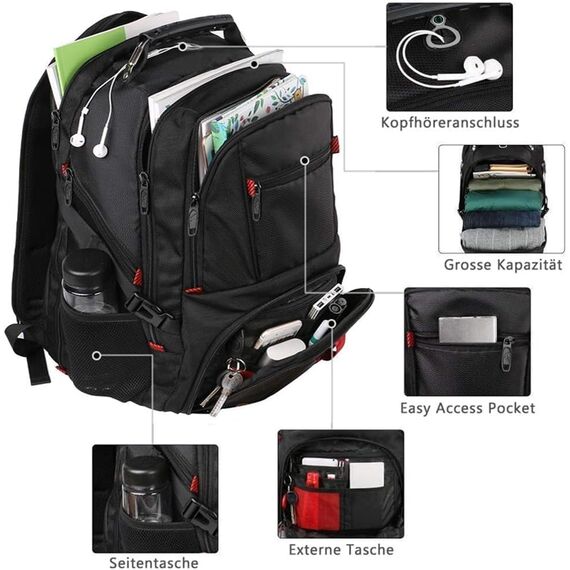 MATEIN Groß Laptop Rucksack Herren 50L, 17,3 Zoll Arbeit Wasserdicht Backpack Laptoptasche Reisen Rucksack, Schulrucksack Teenager Jungen Anti Diebstahl Business Schwarz