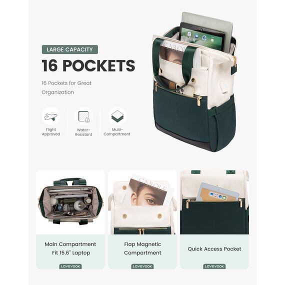 LOVEVOOK Rucksack Damen Grün, 15,6 Zoll Laptop Backpack, Tagesrucksäcke Handtasche 2 in 1, Arbeitstasche Women elegant, Lehrertasche Reiserucksack für Uni Büro Business, Beige-Grün