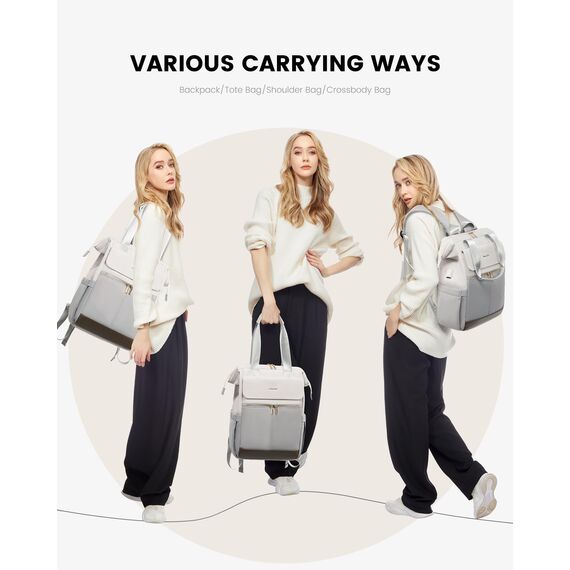 LOVEVOOK Moderner Laptop Rucksack, Schulrucksack Teenager Backpack Women Elegant Tagesrucksäcke Handtasche 2 in 1, 17,3 Zoll für Uni Büro Arbeit, Beige & Hellgrau