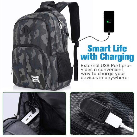 YAMTION Herren Rucksack,Schulrucksack Jungen Teenager mit mit USB-Ladeanschluss für Reisen Camping Schule Arbeit Büro 17.3 Zoll