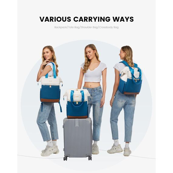 LOVEVOOK Rucksack Damen Blau, Laptoprucksack mit USB, Schultasche Teenager, Backpack Women Elegant, Arbeitsrucksack & Handtasche 2 in 1, 15,6 Zoll Arbeitstasche für Beruf Büro und Pendeln, Blau-Beige