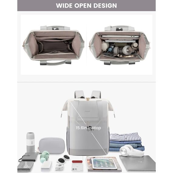 LOVEVOOK Moderner Laptop Rucksack, Schulrucksack Teenager Backpack Women Elegant Tagesrucksäcke Handtasche 2 in 1, 17,3 Zoll für Uni Büro Arbeit, Beige & Hellgrau