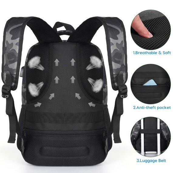 YAMTION Herren Rucksack,Schulrucksack Jungen Teenager mit mit USB-Ladeanschluss für Reisen Camping Schule Arbeit Büro 17.3 Zoll