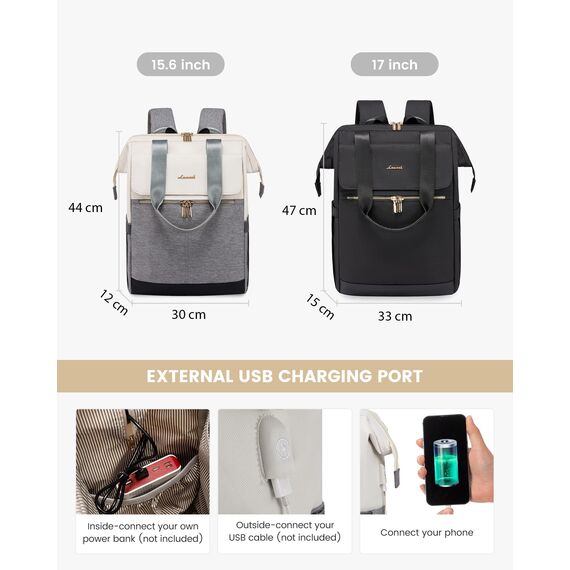 LOVEVOOK Damen Rucksack Modern, Laptop Schulrucksack Wasserdicht, Schultasche Teenager Backpack Women Elegant Tagesrucksäcke Handtasche 2 in 1, 17,3 Zoll für Uni Büro Arbeit, Beige - Grau