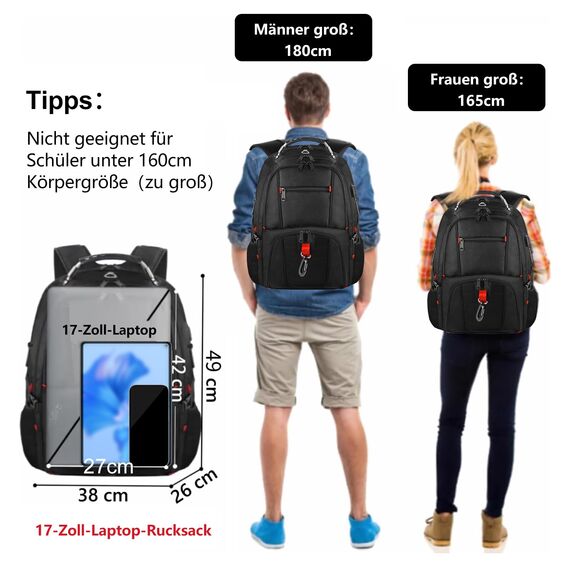 MATEIN Groß Laptop Rucksack Herren 50L, 17,3 Zoll Arbeit Wasserdicht Backpack Laptoptasche Reisen Rucksack, Schulrucksack Teenager Jungen Anti Diebstahl Business Schwarz
