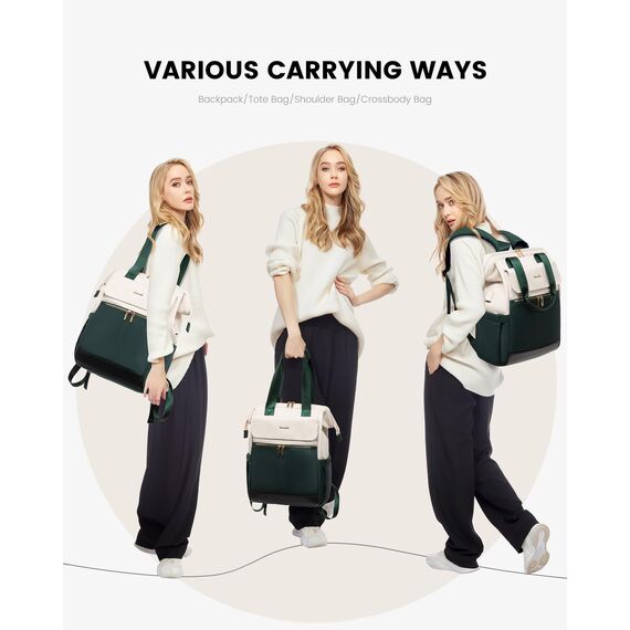 LOVEVOOK Rucksack Damen Grün, 15,6 Zoll Laptop Backpack, Tagesrucksäcke Handtasche 2 in 1, Arbeitstasche Women elegant, Lehrertasche Reiserucksack für Uni Büro Business, Beige-Grün