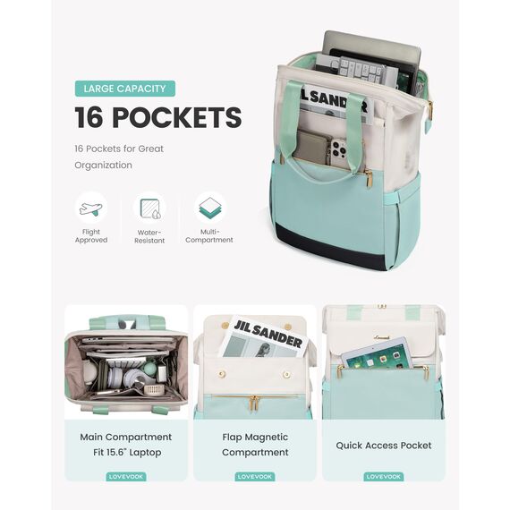 LOVEVOOK Rucksack Minzgrün, Moderner Laptop Schulrucksack, Schultasche Teenager Backpack Women Elegant Tagesrucksäcke Handtasche 2 in 1, 15,6 Zoll für Uni Büro Arbeit, Beige & Minzgrün