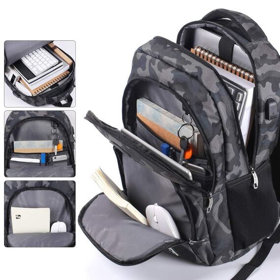 YAMTION Herren Rucksack,Schulrucksack Jungen Teenager mit mit USB-Ladeanschluss für Reisen Camping Schule Arbeit Büro 17.3 Zoll