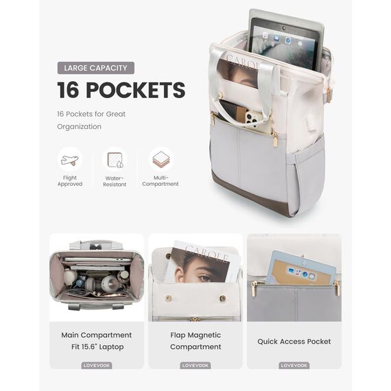 LOVEVOOK Moderner Laptop Rucksack, Schulrucksack Teenager Backpack Women Elegant Tagesrucksäcke Handtasche 2 in 1, 17,3 Zoll für Uni Büro Arbeit, Beige & Hellgrau