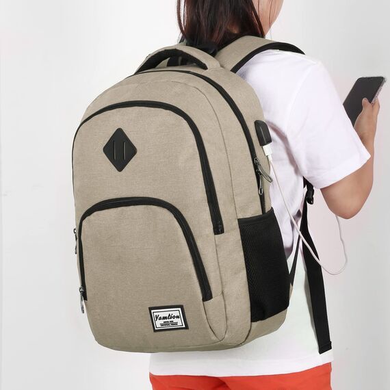 YAMTION Laptop Rucksack,Schultasche Schulrucksack Teenager mit USB-Ladeanschluss Uni Reisen Schule Arbeit Büro,Beige