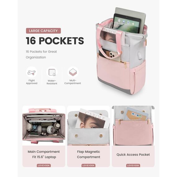 LOVEVOOK Laptop Schulrucksack Teenager, Damen Rucksack Modern, Schultasche Backpack Women Elegant Tagesrucksäcke Handtasche 2 in 1, 15,6 Zoll für Uni Büro Arbeit, Hellgrau & Rosa