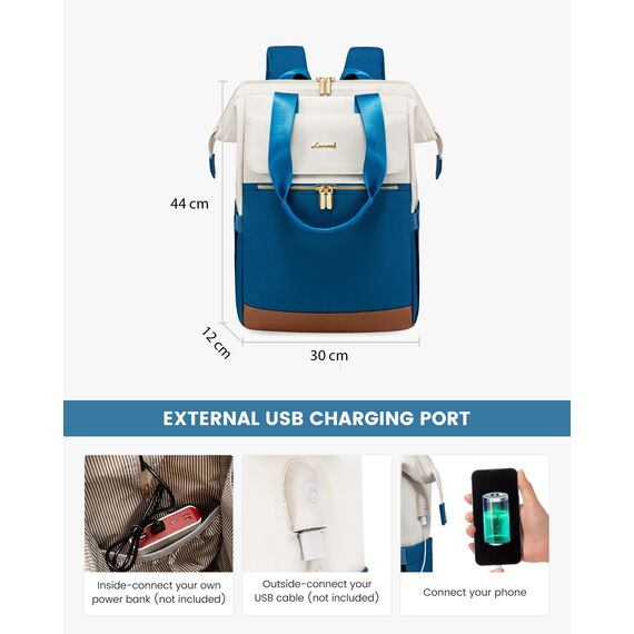 LOVEVOOK Rucksack Damen Blau, Laptoprucksack mit USB, Schultasche Teenager, Backpack Women Elegant, Arbeitsrucksack & Handtasche 2 in 1, 15,6 Zoll Arbeitstasche für Beruf Büro und Pendeln, Blau-Beige