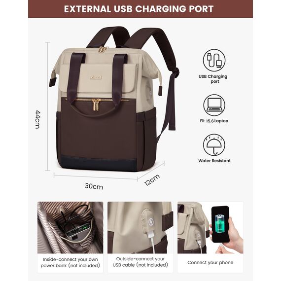 LOVEVOOK Rucksack Kaffee, Moderner Laptop Schulrucksack, Schultasche Teenager Backpack Women Elegant Tagesrucksäcke Handtasche 2 in 1, 15,6 Zoll für Uni Büro Arbeit, Beige & kaffee