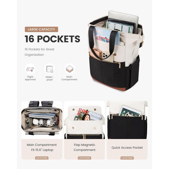 LOVEVOOK Rucksack Damen, Laptop Schulrucksack Teenager Wasserdicht, Schultasche Mädchen Arbeitstasche 15.6 Zoll, Reiserucksack Backpack Women elegant, Tagesrucksäcke Handtasche 2 in 1 für Schule Uni