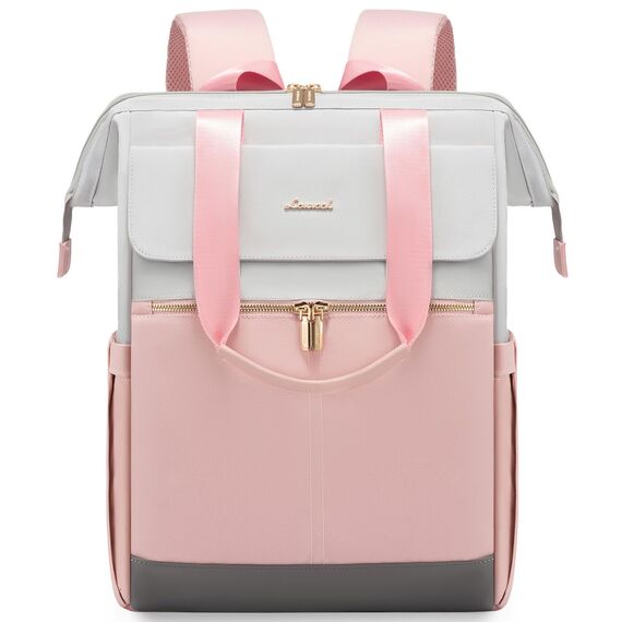 LOVEVOOK Laptop Schulrucksack Teenager, Damen Rucksack Modern, Schultasche Backpack Women Elegant Tagesrucksäcke Handtasche 2 in 1, 15,6 Zoll für Uni Büro Arbeit, Hellgrau & Rosa