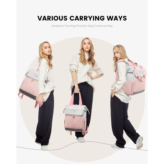 LOVEVOOK Laptop Schulrucksack Teenager, Damen Rucksack Modern, Schultasche Backpack Women Elegant Tagesrucksäcke Handtasche 2 in 1, 15,6 Zoll für Uni Büro Arbeit, Hellgrau & Rosa