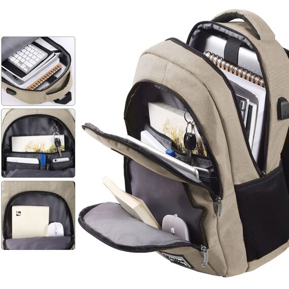 YAMTION Laptop Rucksack,Schultasche Schulrucksack Teenager mit USB-Ladeanschluss Uni Reisen Schule Arbeit Büro,Beige