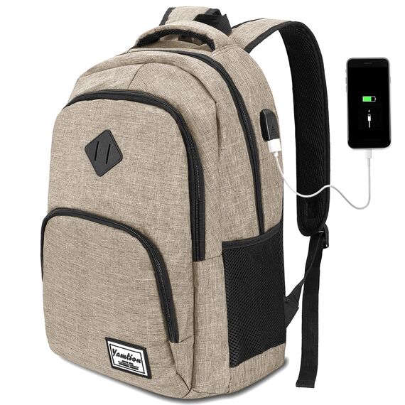 YAMTION Laptop Rucksack,Schultasche Schulrucksack Teenager mit USB-Ladeanschluss Uni Reisen Schule Arbeit Büro,Beige