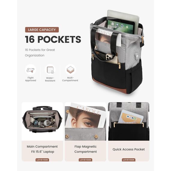 LOVEVOOK Rucksack Grau, Moderner Laptop Schulrucksack, Schultasche Teenager Backpack Women Elegant Tagesrucksäcke Handtasche 2 in 1, 17,3 Zoll für Uni Büro Arbeit, Grau & Schwarz