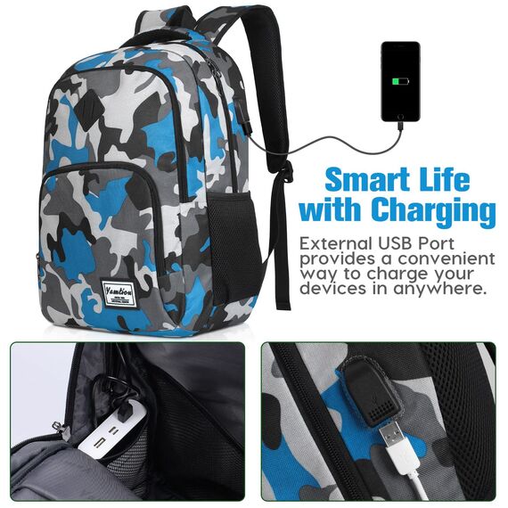 YAMTION Rucksack Jungen Teenager,Schultasche Schulrucksack mit USB-Ladeanschluss und 17.3 Zoll Laptopfach für Schule