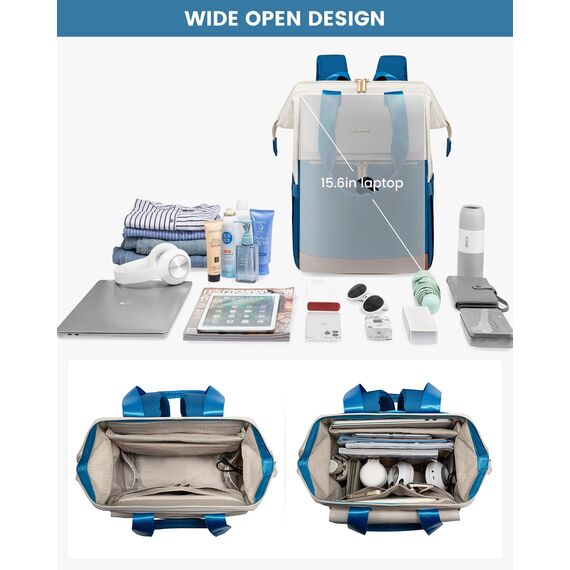 LOVEVOOK Rucksack Damen Blau, Laptoprucksack mit USB, Schultasche Teenager, Backpack Women Elegant, Arbeitsrucksack & Handtasche 2 in 1, 15,6 Zoll Arbeitstasche für Beruf Büro und Pendeln, Blau-Beige