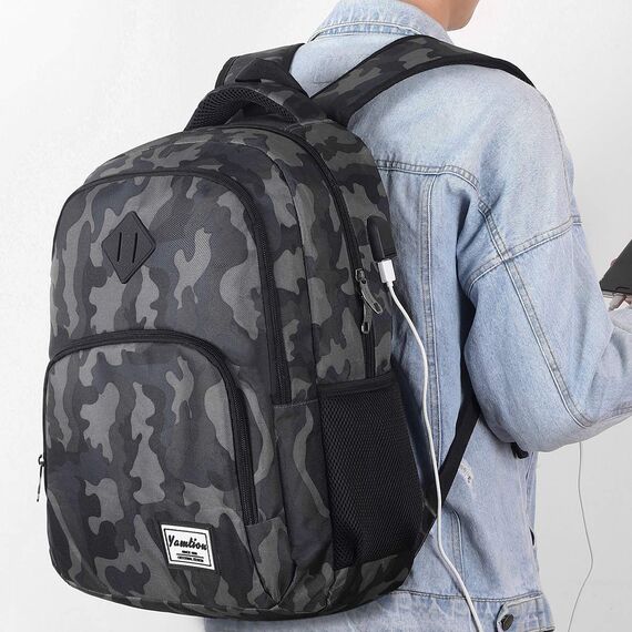 YAMTION Herren Rucksack,Schulrucksack Jungen Teenager mit mit USB-Ladeanschluss für Reisen Camping Schule Arbeit Büro 17.3 Zoll