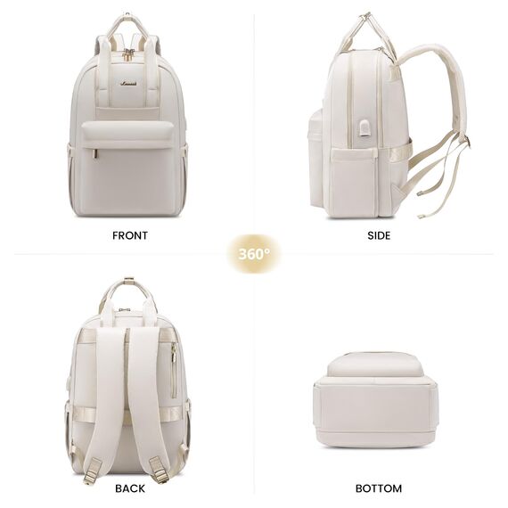 LOVEVOOK Rucksack Damen Elegant, 15,6 Zoll Laptop Schulrucksack Teenager Mädchen mit Laptopfach, Wasserdicht Daypack Schultasche Lehrertasche für Schule Uni Reisen Arbeit, Cremefarben