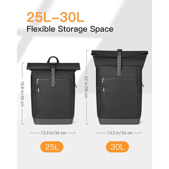 Inateck RollTop Rucksack Herren Damen 25L-30L Fahrradrucksack Schulrucksack für Uni Freizeit Job Sport Reisen, Stylische Tagesrucksack mit 17 Zoll Laptopfach, Schwarz