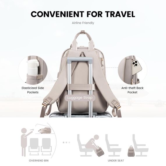 LOVEVOOK Rucksack Damen, 15,6 Zoll Laptop Rucksack Wasserdicht, Elegant Schulrucksack Teenager Mädchen mit Laptopfach, Reiserucksack Arbeitstasche Backpack Women für Schule Reise Arbeit, Taro-grau