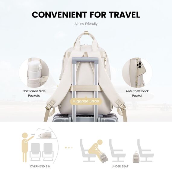 LOVEVOOK Rucksack Damen Groß, 18 Zoll Laptop Schulrucksack Teenager Mädchen mit Laptopfach, Wasserdicht Daypack Schultasche Reiserucksack für Schule Uni Reisen Arbeit, Cremefarben