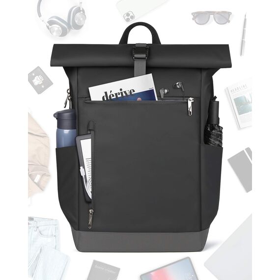 Inateck RollTop Rucksack Herren Damen 25L-30L Fahrradrucksack Schulrucksack für Uni Freizeit Job Sport Reisen, Stylische Tagesrucksack mit 17 Zoll Laptopfach, Schwarz