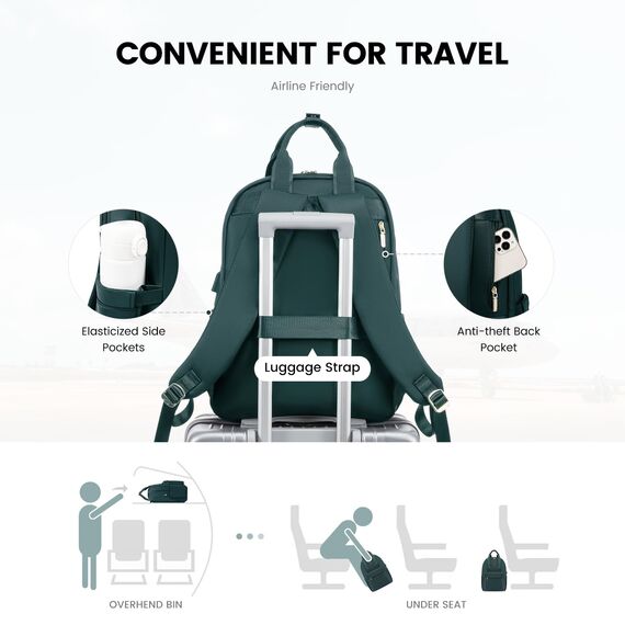 LOVEVOOK Laptop Rucksack Damen, 15,6 Zoll Schulrucksack Teenager mit USB Ladeanschluss, Wasserdicht Tagesrucksäcke Reiserucksack, Elegant Travel Backpack Daypack für Schule Büro Reise, Dunkelgrün
