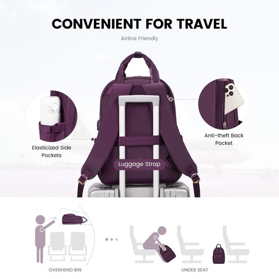 LOVEVOOK Laptop Rucksack Damen, 15,6 Zoll Schulrucksack Teenager mit USB Ladeanschluss, Wasserdicht Tagesrucksäcke Reiserucksack, Elegant Travel Backpack für Schule Büro Reise, Dunkelviolett