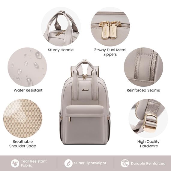 LOVEVOOK Rucksack Damen, 15,6 Zoll Laptop Rucksack Wasserdicht, Elegant Schulrucksack Teenager Mädchen mit Laptopfach, Reiserucksack Arbeitstasche Backpack Women für Schule Reise Arbeit, Taro-grau