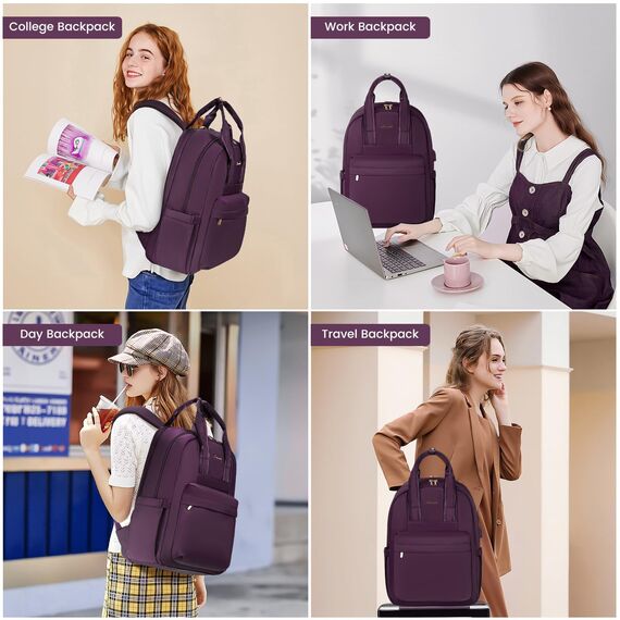 LOVEVOOK Laptop Rucksack Damen, 15,6 Zoll Schulrucksack Teenager mit USB Ladeanschluss, Wasserdicht Tagesrucksäcke Reiserucksack, Elegant Travel Backpack für Schule Büro Reise, Dunkelviolett