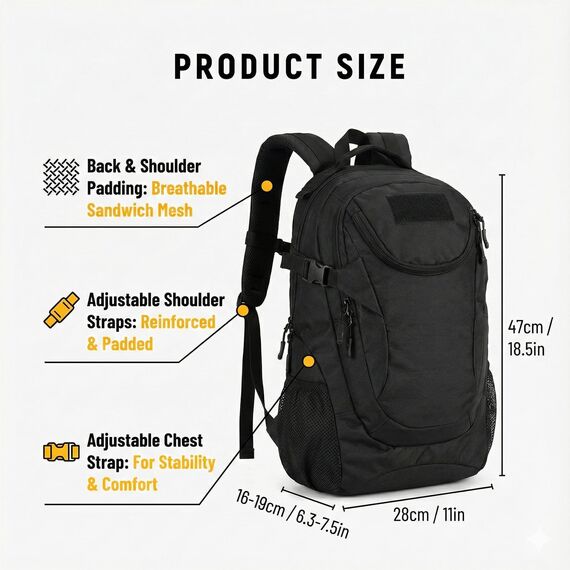 VINBAGGE Rucksack Molle Taktische Motorrad Wanderrucksack Outdoor Wasserdicht Trekkingrucksack 25L Campus Jagdrucksack Schulrucksack Jungen Daypack für Herren Damen Schwarz
