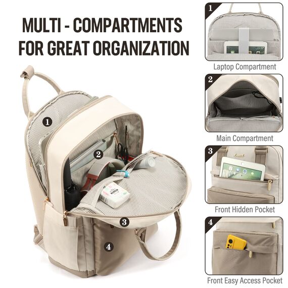 LOVEVOOK Rucksack Damen, 15,6 Zoll Laptop Schulrucksack Mädchen Teenager mit Laptopfach, Wasserdichter Schultasche Daypack Elegant für Schule Uni Reise Arbeit, Khaki Beige