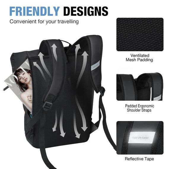 Lekeinchi Rolltop Rucksack Damen & Herren, Elegant Laptop Rucksack Wasserdicht mit 17 Zoll Laptopfach, Großer Reiserucksack Tagesrucksack Schulrucksack für Reisen, Uni Schule, Arbeit - Schwarz