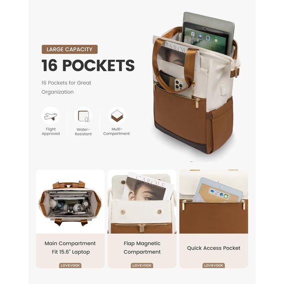 LOVEVOOK Rucksack Gelbbraun, Moderner Laptop Schulrucksack, Schultasche Teenager Backpack Women Elegant Tagesrucksäcke Handtasche 2 in 1, 15,6 Zoll für Uni Büro Arbeit, Beige & Gelbbraun