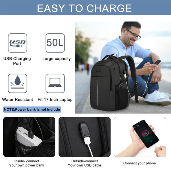 Groß Herren Laptop Rucksack 17 Zoll Laptoptasche für Schule Arbeit mit USB Ladeanschluss Wasserdicht Business Reisen Notebook Tasche Schulrucksack für Männer Frauen Jungen Teenager Schwarz