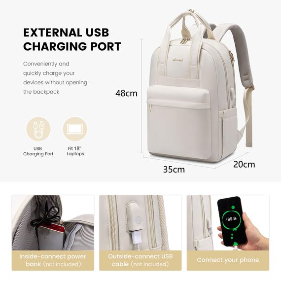LOVEVOOK Rucksack Damen Groß, 18 Zoll Laptop Schulrucksack Teenager Mädchen mit Laptopfach, Wasserdicht Daypack Schultasche Reiserucksack für Schule Uni Reisen Arbeit, Cremefarben