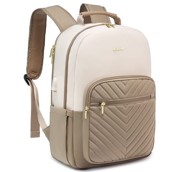 LOVEVOOK Laptop Rucksack Damen 17 Zoll groß Schulrucksack Mädchen Teenager Schultasche Wasserdichter Rucksäcke Elegant mit USB Ladeanschluss, für Reise Uni Business, Beige Khaki