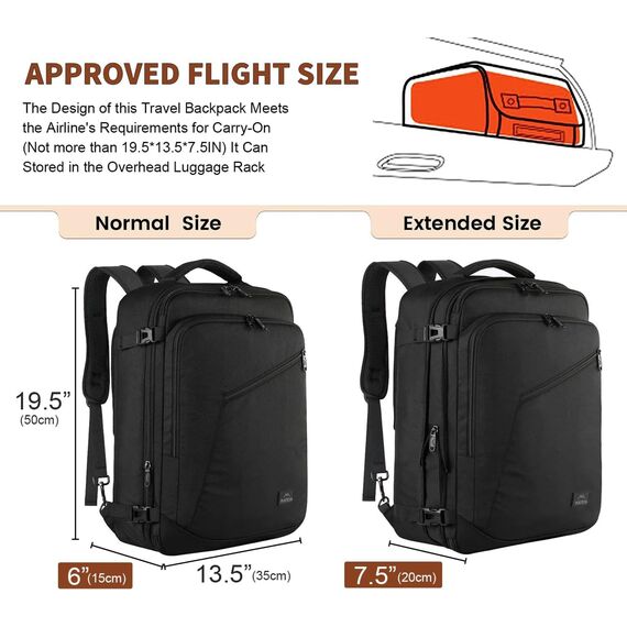 MATEIN 40L Reiserucksack Handgepäck Flugzeug, Erweiterbar 50x35x20cm Herren Cabin Bag Leichtgewicht Reise Rucksack Damen Schulrucksack Carry On Travel Backpack für Business, Arbeit, Schwarz