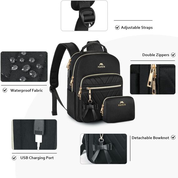 MATEIN Rucksack Damen Klein, Elegant Schulrucksack Geldbeutel Set 2 in 1 Wasserdicht Cityrucksack Casual Daypack mit USB Ladeanschluss Modern Handtasche Rucksacktasche für Reisen Arbeit Schwarz