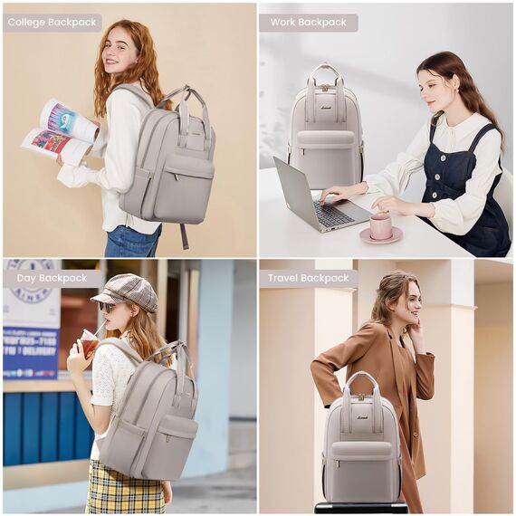 LOVEVOOK Rucksack Damen, 15,6 Zoll Laptop Rucksack Wasserdicht, Elegant Schulrucksack Teenager Mädchen mit Laptopfach, Reiserucksack Arbeitstasche Backpack Women für Schule Reise Arbeit, Taro-grau